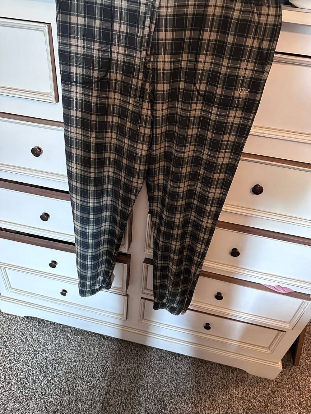 Albion Plaid Jogger Pants in Olive Green and Black with cuffed bottom. S.